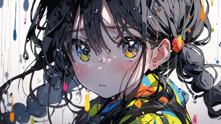 1girl,braid,twin_braids,bangs,solo,twintails,kimono,multicolored_eyes,portrait,hair_ornament,hair_between_eyes,parted_lips,japanese_clothes,horizontal,water_drop,jewelry,white_background,looking_at_viewer,earrings,blush,wet_hair,wet,long_hair,rain,yellow_eyes,black_hair