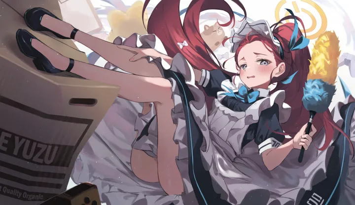 1girl,full_body,solo,apron,halo,maid,maid_apron,maid_headdress,enmaided,ass,very_long_hair,holding,duster,horizontal,grey_eyes,white_apron,looking_at_viewer,short_sleeves,alternate_costume,box,red_hair,cardboard_box,blush,frills,frilled_apron,blue_eyes,blue_bow,blue_bowtie,puffy_short_sleeves,puffy_sleeves,bow,bare_legs,dress,long_hair,shoes,bowtie,forehead,black_dress,black_footwear