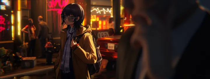 1girl,bangs,blurry_foreground,bag,solo_focus,backpack,closed_mouth,scarf,round_eyewear,sunglasses,coat,multiple_girls,multiple_boys,night,jacket,shop,depth_of_field,plaid,brown_coat,blurry,horizontal,glasses,short_hair,earrings,shirt,open_clothes,long_sleeves,black_hair