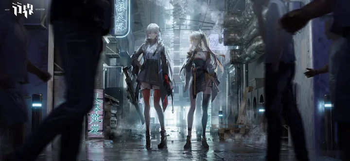 2girls,breasts,bangs,multiple_girls,multiple_boys,jacket,outdoors,gloves,holding_weapon,handgun,holding_gun,holding,gun,horizontal,weapon,grey_hair,white_hair,white_shirt,skirt,standing,shirt,thighhighs,pantyhose,long_hair,rain,black_skirt