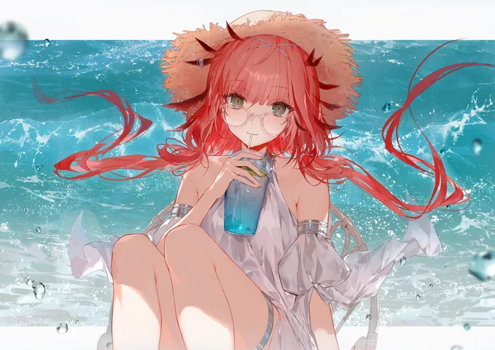 1girl,detached_sleeves,low_twintails,bangs,solo,feet_out_of_frame,twintails,drinking_straw,drinking_straw_in_mouth,round_eyewear,sitting,thigh_strap,hat,outdoors,holding_cup,knees_up,holding,cup,horizontal,water,white_dress,looking_at_viewer,glasses,red_hair,green_eyes,straw_hat,horns,dress,long_hair,bare_shoulders,floating_hair