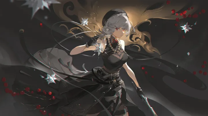 1girl,cowboy_shot,breasts,bangs,solo,hat,gloves,holding_weapon,holding,sleeveless,horizontal,weapon,grey_hair,belt,looking_at_viewer,red_eyes,beret,large_breasts,dress,black_headwear,black_gloves,black_background,black_dress