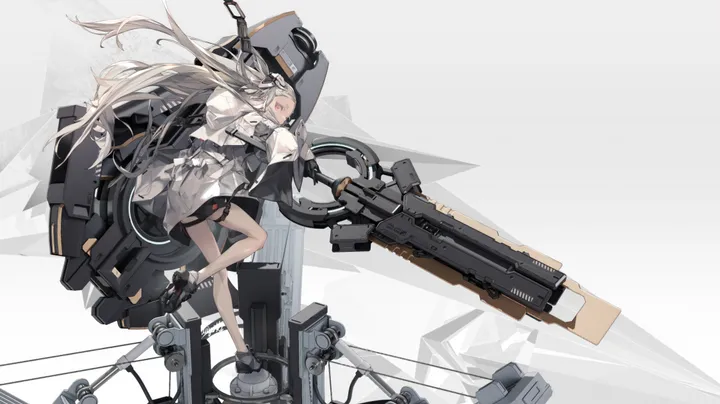 1girl,solo,capelet,huge_weapon,very_long_hair,gloves,holding_weapon,holding,horizontal,weapon,white_hair,looking_at_viewer,red_eyes,dress,long_hair,long_sleeves,high_heels,black_footwear