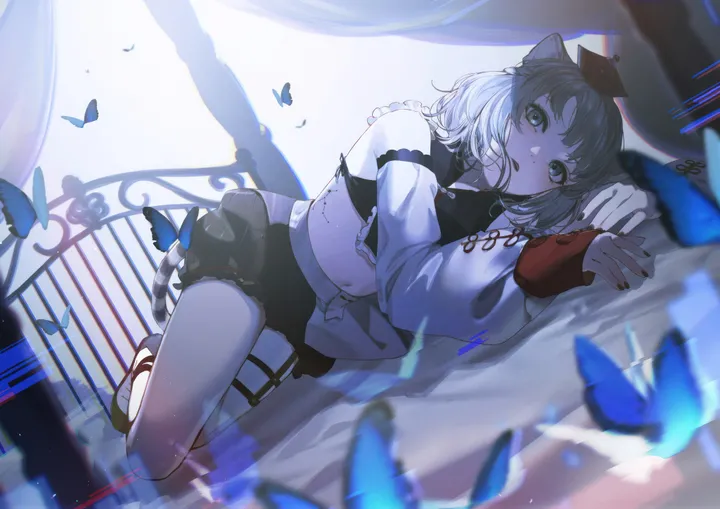 1girl,virtual_youtuber,detached_sleeves,scar,on_side,animal_ears,bangs,solo,thigh_strap,tail,parted_lips,nail_polish,horizontal,grey_hair,cat_ears,looking_at_viewer,short_hair,skirt,green_eyes,navel,frills,blue_butterfly,bug,butterfly,lying,long_sleeves,midriff,crop_top,black_nails,black_skirt