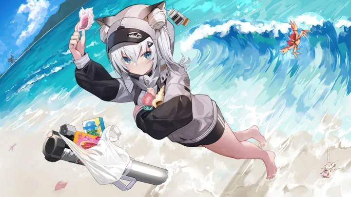 1girl,double_bun,arm_up,cloud,animal_ears,bangs,bag,solo,hairclip,closed_mouth,hair_bun,plastic_bag,sky,hair_ornament,jacket,hat,hair_between_eyes,outdoors,holding,baseball_cap,horizontal,water,waves,ocean,beach,grey_jacket,camera,day,white_hair,looking_at_viewer,shorts,standing,footprints,blue_sky,blue_eyes,puffy_long_sleeves,crab,barefoot,long_hair,long_sleeves,food,black_shorts