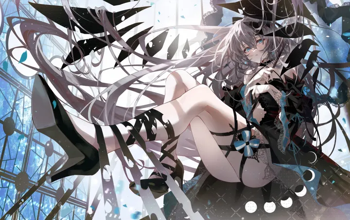 1girl,detached_sleeves,ribbon,breasts,bangs,solo,legs,thighs,hair_between_eyes,very_long_hair,parted_lips,horizontal,grey_hair,jewelry,looking_at_viewer,earrings,blue_eyes,dress,long_hair,bare_shoulders,high_heels,black_dress,black_footwear