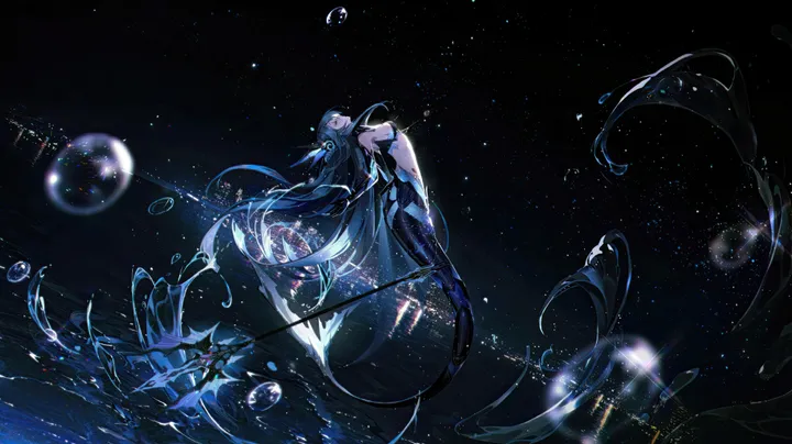 1girl,breasts,full_body,bangs,solo,very_long_hair,gloves,star_sky,horizontal,weapon,water,bubble,looking_at_viewer,blue_hair,pants,large_breasts,dress,long_hair,polearm