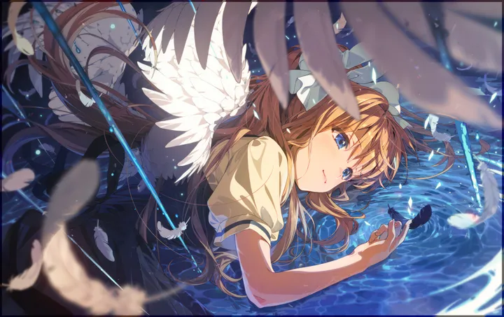 1girl,ribbon,on_side,bangs,solo,closed_mouth,hair_ribbon,very_long_hair,depth_of_field,school_uniform,horizontal,water,white_feathers,white_wings,short_sleeves,smile,feathers,feathered_wings,wings,blue_eyes,puffy_short_sleeves,puffy_sleeves,lying,dress,blonde_hair,long_hair,ponytail