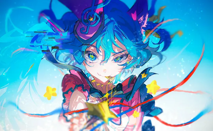 1girl,upper_body,animal_ears,bangs,solo,closed_mouth,hair_ornament,hat,hair_between_eyes,holding,star_symbol,depth_of_field,blurry,horizontal,cat_ears,jewelry,looking_at_viewer,smile,blue_hair,blue_eyes,blue_background,mini_hat,long_hair,floating_hair,wand,magical_girl