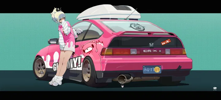 1girl,solo,ground_vehicle,motor_vehicle,horizontal,car,white_hair,white_footwear,socks,sports_car,vehicle_focus,sneakers,long_sleeves,shoes,ponytail