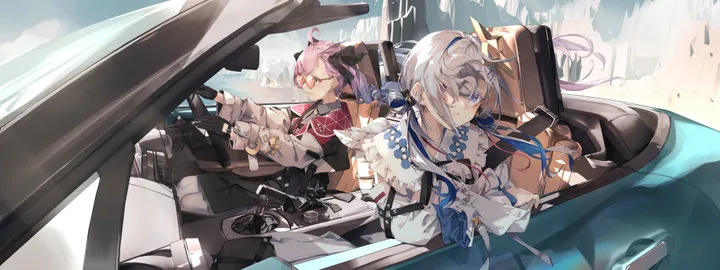 2girls,virtual_youtuber,colored_inner_hair,bangs,twintails,ahoge,closed_mouth,ground_vehicle,sitting,multiple_girls,multicolored_hair,hair_ornament,hair_over_one_eye,jacket,gloves,streaked_hair,steering_wheel,star_halo,motor_vehicle,horizontal,car,car_interior,grey_hair,jewelry,white_hair,white_jacket,white_shirt,looking_at_viewer,skirt,smile,pink_hair,pink_eyes,purple_hair,purple_eyes,blue_hair,blue_eyes,shirt,horns,long_hair,long_sleeves,driving,black_gloves,black_skirt