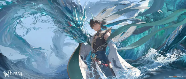 1boy,eastern_dragon,chinese_clothes,bangs,solo,multicolored_hair,pointy_ears,wide_sleeves,horizontal,water,waves,tassel,jewelry,male_focus,earrings,blue_eyes,horns,long_hair,black_hair,dragon,dragon_boy,dragon_horns