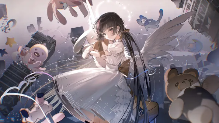 1girl,ribbon,bangs,solo,twintails,closed_mouth,city,cityscape,angel,halo,angel_wings,building,very_long_hair,object_hug,star_symbol,brown_eyes,horizontal,stuffed_animal,stuffed_toy,teddy_bear,white_wings,white_dress,looking_at_viewer,short_sleeves,feathered_wings,wings,blush,puffy_short_sleeves,puffy_sleeves,bow,dress,long_hair,black_hair