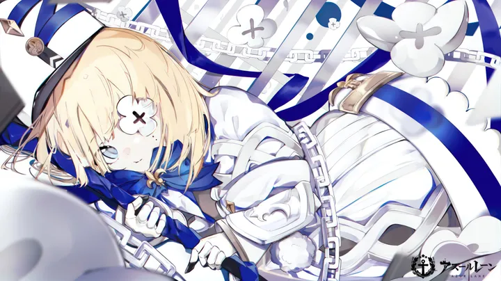 1girl,ribbon,on_side,bangs,solo,closed_mouth,hat,gloves,holding,blurry,horizontal,white_headwear,white_gloves,white_dress,looking_at_viewer,eyepatch,smile,signature,blue_ribbon,blue_eyes,lying,dress,blonde_hair,chain,long_sleeves,flower