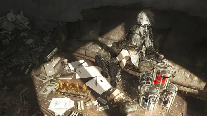 1girl,book,crossed_legs,light_particles,solo,on_couch,sitting,jacket,indoors,hair_between_eyes,gloves,pillow,table,horizontal,stuffed_animal,stuffed_toy,couch,grey_hair,grey_eyes,bottle,white_hair,belt,looking_at_viewer,short_hair,skirt,paper,jar,shirt,open_jacket,open_clothes,long_sleeves,boots,black_jacket,black_footwear