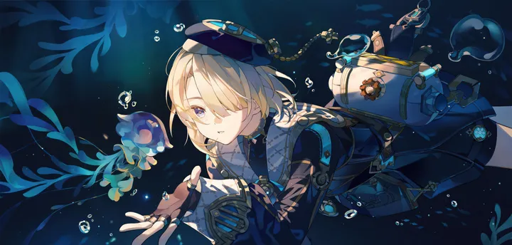 1boy,bangs,bag,solo,hair_over_one_eye,hat,parted_lips,androgynous,gloves,fingerless_gloves,horizontal,air_bubble,underwater,jellyfish,bubble,swimming,coral,male_focus,short_hair,shorts,blue_headwear,blue_eyes,blonde_hair,long_sleeves,fish,black_gloves