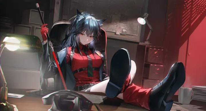 1girl,desk,breasts,animal_ears,sword,solo,desk_lamp,coffee_mug,sitting,jacket,official_alternate_costume,indoors,gloves,holding_sword,holding_weapon,holding,collared_shirt,cup,chair,horizontal,weapon,loose_socks,lamp,wolf_girl,wolf_ears,looking_at_viewer,shorts,red_gloves,red_eyes,red_shirt,red_socks,shirt,socks,open_jacket,open_clothes,long_hair,long_sleeves,shoes,shoe_soles,necktie,mug,ponytail,black_hair,black_jacket,black_shorts,black_footwear