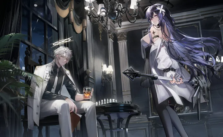 1girl,1boy,detached_sleeves,breasts,sideboob,bangs,feet_out_of_frame,chandelier,closed_mouth,sitting,coat,night,halo,sky,hair_flower,hair_ornament,jacket,indoors,very_long_hair,holding_cup,holding_weapon,holding,collared_shirt,cup,table,chair,plant,horizontal,lamp,grey_hair,grey_eyes,candlestand,jacket_on_shoulders,white_coat,white_hair,white_jacket,white_pants,looking_at_viewer,short_hair,window,standing,smile,purple_hair,purple_eyes,blue_hair,candle,shirt,pants,open_jacket,open_clothes,large_breasts,dress,pantyhose,drinking_glass,long_hair,long_sleeves,bare_shoulders,necktie,flower,black_shirt,black_dress