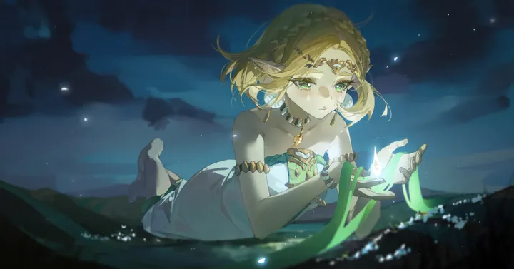 1girl,braid,triforce,breasts,cloud,parted_bangs,bangs,solo,glowing,night,night_sky,sky,hair_ornament,pointy_ears,parted_lips,outdoors,bracelet,strapless,strapless_dress,horizontal,thick_eyebrows,jewelry,white_dress,crown_braid,short_hair,green_eyes,earrings,blush,barefoot,on_stomach,lying,dress,blonde_hair,collarbone,bare_shoulders,necklace,flower