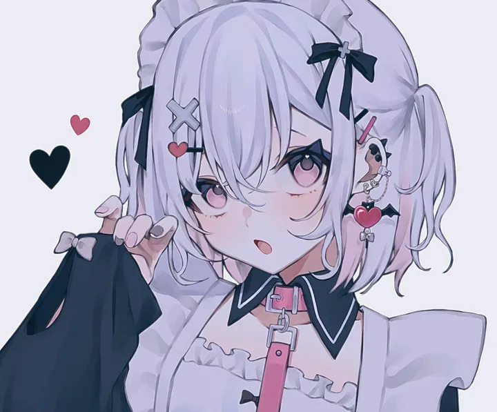 1girl,ribbon,upper_body,bangs,solo,hairclip,apron,multicolored_hair,hair_ornament,maid,maid_headdress,two_side_up,hair_between_eyes,open_mouth,heart,hand_up,nail_polish,simple_background,horizontal,jewelry,white_hair,looking_at_viewer,short_hair,piercing,ear_piercing,pink_hair,pink_nails,pink_eyes,earrings,frills,bow,dress,long_sleeves,collar