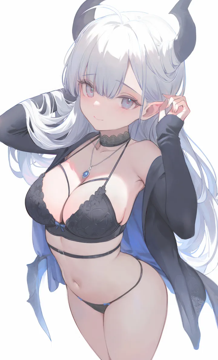 1girl,cowboy_shot,arms_up,breasts,cleavage,underwear,panties,bangs,solo,hands_up,closed_mouth,thighs,hair_on_horn,jacket,lingerie,pointy_ears,stomach,demon_girl,demon_horns,string_bra,simple_background,jewelry,white_hair,white_background,looking_at_viewer,vertical,standing,smile,string_panties,wings,navel,bra,blue_eyes,horns,open_jacket,open_clothes,large_breasts,collarbone,long_hair,long_sleeves,bare_shoulders,off_shoulder,choker,necklace,black_panties,black_jacket,black_bra,black_choker