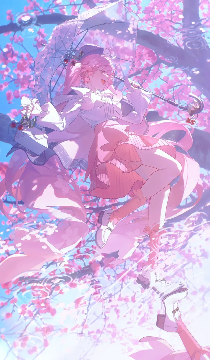 1girl,full_body,bangs,bag,solo,twintails,reflection,hat,open_mouth,very_long_hair,outdoors,holding,holding_umbrella,tree,branch,cherry,cherry_blossoms,white_shirt,white_footwear,skirt,vertical,smile,pink_theme,pink_hair,pink_eyes,pink_skirt,pink_flower,pink_bow,pink_socks,petals,frills,puffy_long_sleeves,bow,shirt,socks,transparent,transparent_umbrella,long_hair,long_sleeves,umbrella,shoes,food,high_heels,flower