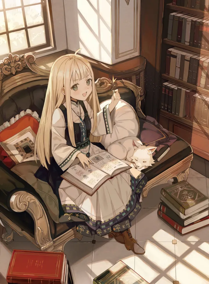 1girl,book,book_stack,bookshelf,bangs,animal,solo,ahoge,on_couch,sitting,indoors,wide_sleeves,open_mouth,very_long_hair,armchair,holding,pillow,brown_footwear,couch,cat,day,window,vertical,smile,green_eyes,open_book,blush,dress,blonde_hair,long_hair,long_sleeves,boots,sunlight,cushion,wand