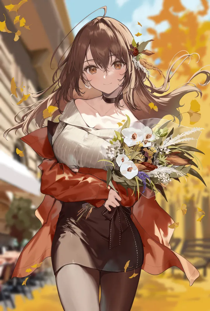 1girl,cowboy_shot,breasts,bangs,solo,leaf,ahoge,closed_mouth,sky,hair_flower,hair_ornament,jacket,hair_between_eyes,building,outdoors,holding_bouquet,holding,depth_of_field,tree,brown_hair,brown_eyes,brown_pantyhose,blurry,blurry_background,sweater,jewelry,day,white_flower,looking_at_viewer,skirt,autumn,autumn_leaves,vertical,standing,smile,red_jacket,earrings,blush,bouquet,falling_leaves,blue_sky,shirt,open_jacket,open_clothes,large_breasts,pantyhose,miniskirt,pencil_skirt,collarbone,long_hair,long_sleeves,off_shoulder,off-shoulder_sweater,choker,wind,floating_hair,high-waist_skirt,flower,black_skirt,black_pantyhose,black_choker