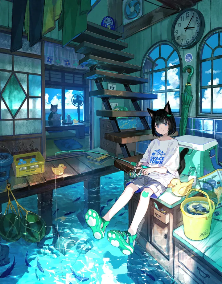 1girl,cloud,animal_ears,bangs,bandaid,solo,closed_mouth,sitting,sky,indoors,rubber_duck,tail,slippers,holding,clock,water,bucket,paw_print,cat_girl,cat_tail,cat_ears,day,white_shirt,looking_at_viewer,short_hair,shorts,window,vertical,bandaid_on_leg,blue_sky,blue_eyes,shirt,umbrella,fish,black_hair