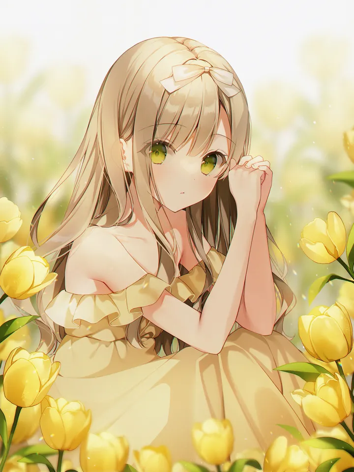 1girl,bangs,solo,hands_up,own_hands_together,sitting,parted_lips,knees_up,depth_of_field,brown_hair,blurry,blurry_background,white_bow,looking_at_viewer,vertical,green_eyes,blush,frills,frilled_dress,bow,hair_bow,dress,collarbone,long_hair,bare_shoulders,off_shoulder,off-shoulder_dress,flower,yellow_flower,yellow_dress