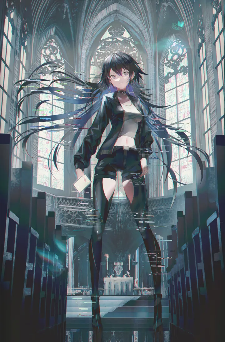 1girl,medium_breasts,breasts,full_body,bangs,solo,stairs,closed_mouth,jacket,indoors,hair_between_eyes,very_long_hair,holding,grey_eyes,belt,looking_at_viewer,shorts,window,vertical,standing,short_shorts,navel,shirt,open_jacket,open_clothes,long_hair,long_sleeves,midriff,choker,floating_hair,black_hair,black_jacket,black_shorts,black_footwear