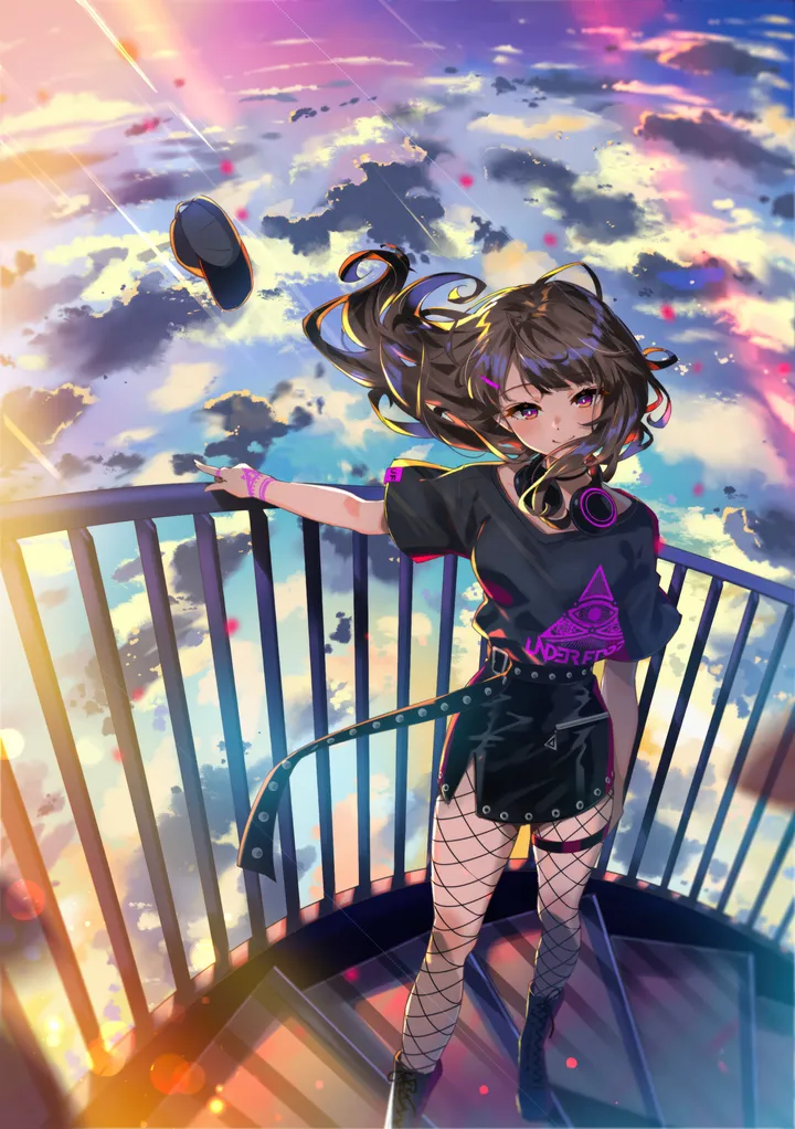 1girl,cloud,full_body,bangs,solo,hairclip,closed_mouth,cloudy_sky,sky,hair_ornament,headphones,hat,outdoors,gloves,headwear_removed,hat_removed,fingerless_gloves,sunset,railing,baseball_cap,brown_hair,fishnets,belt,looking_at_viewer,short_sleeves,skirt,vertical,standing,smile,purple_eyes,headphones_around_neck,blush,shirt,pantyhose,long_hair,boots,floating_hair,fishnet_pantyhose,black_skirt,black_shirt,black_footwear