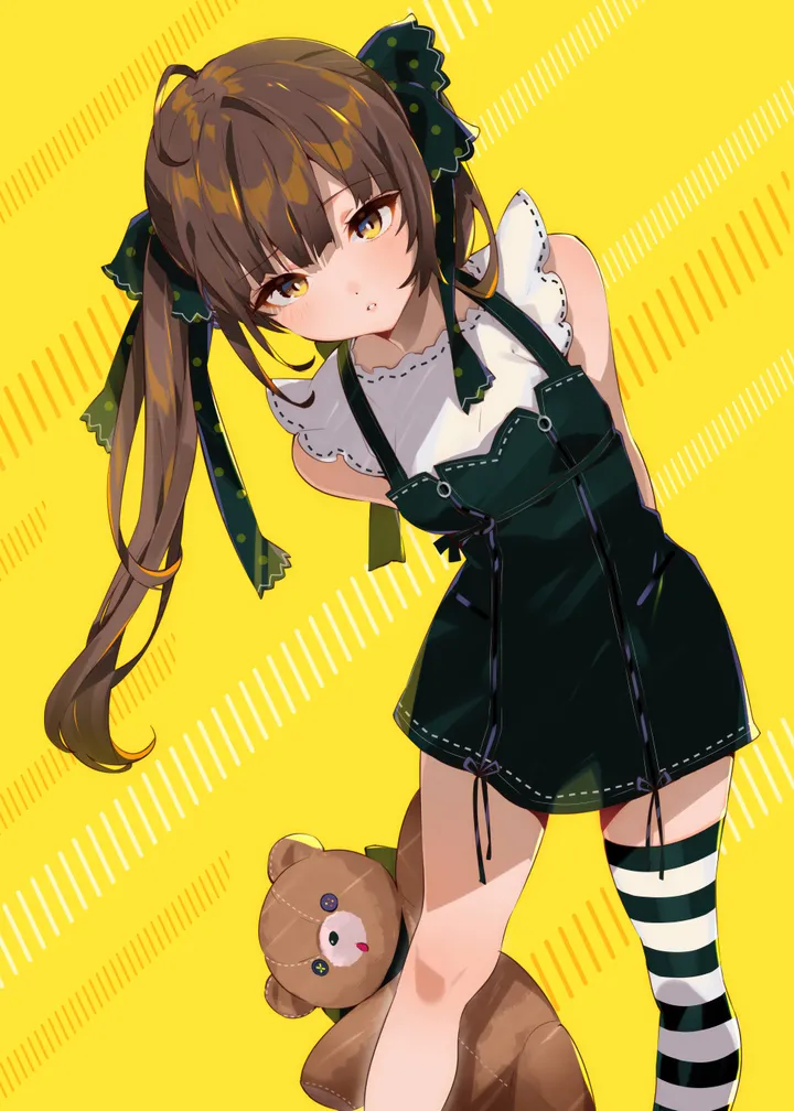 1girl,ribbon,bangs,solo,single_thighhigh,arms_behind_back,twintails,ahoge,hair_ribbon,parted_lips,holding,sleeveless,sleeveless_dress,striped,striped_thighhighs,brown_hair,brown_eyes,stuffed_animal,stuffed_toy,teddy_bear,white_shirt,looking_at_viewer,vertical,standing,blush,shirt,leaning_forward,thighhighs,dress,long_hair,yellow_eyes,yellow_background,black_dress