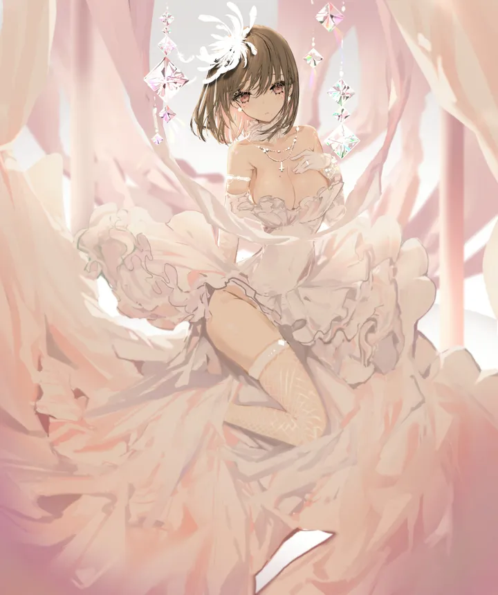 1girl,breasts,cleavage,bangs,solo,closed_mouth,hair_ornament,wedding_dress,gloves,hand_on_own_chest,strapless,strapless_dress,brown_hair,brown_eyes,fishnets,jewelry,white_gloves,white_thighhighs,white_dress,looking_at_viewer,short_hair,vertical,frills,large_breasts,thighhighs,dress,elbow_gloves,bare_shoulders,necklace