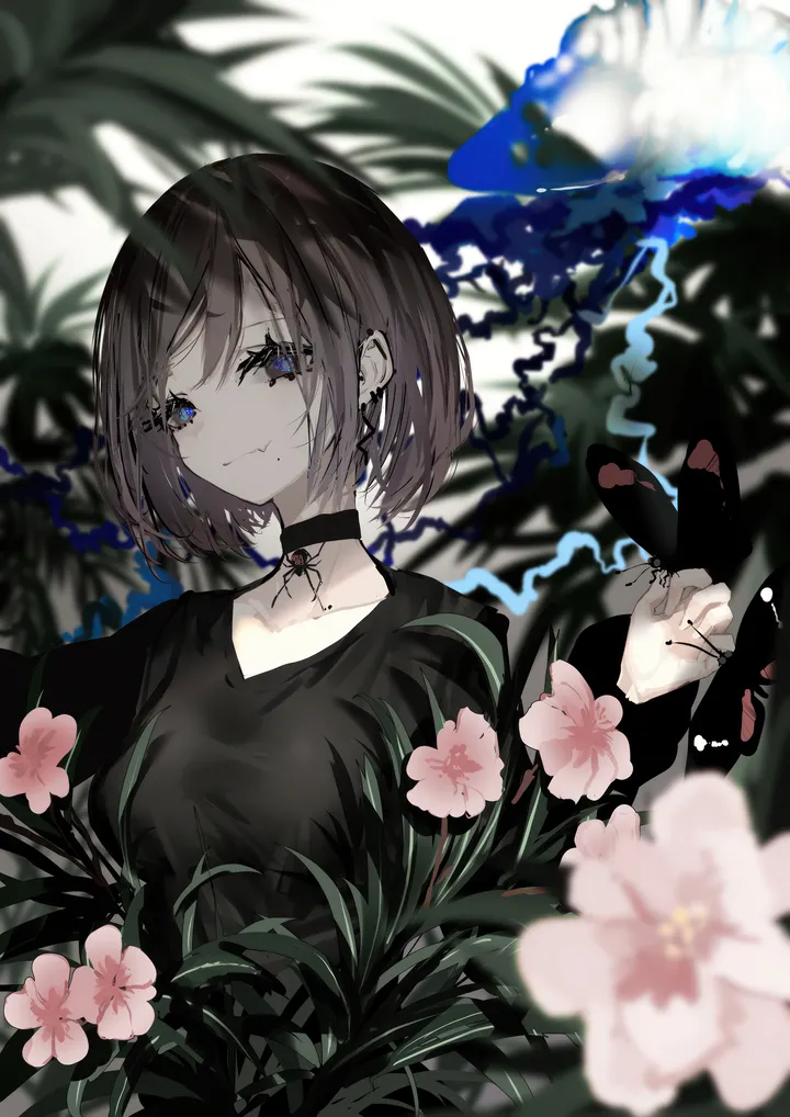 1girl,upper_body,bangs,blurry_foreground,cross,solo,closed_mouth,depth_of_field,brown_hair,plant,blurry,jewelry,mole,looking_at_viewer,short_hair,vertical,pink_flower,mole_under_mouth,earrings,blue_eyes,shirt,collarbone,long_sleeves,choker,fish,flower,black_shirt,black_choker