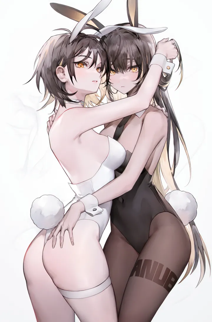 2girls,cowboy_shot,medium_breasts,breasts,fake_tail,playboy_bunny,rabbit_tail,rabbit_ears,animal_ears,bangs,fake_animal_ears,hairband,closed_mouth,multiple_girls,multicolored_hair,thigh_strap,tail,ass,hair_between_eyes,very_long_hair,parted_lips,hug,strapless,strapless_leotard,simple_background,brown_hair,dark_skin,white_background,white_leotard,yuri,looking_at_viewer,short_hair,vertical,wrist_cuffs,leotard,pantyhose,blonde_hair,long_hair,covered_navel,bare_shoulders,choker,necktie,detached_collar,highleg_leotard,yellow_eyes,dark-skinned_female,black_hair,black_leotard,black_necktie