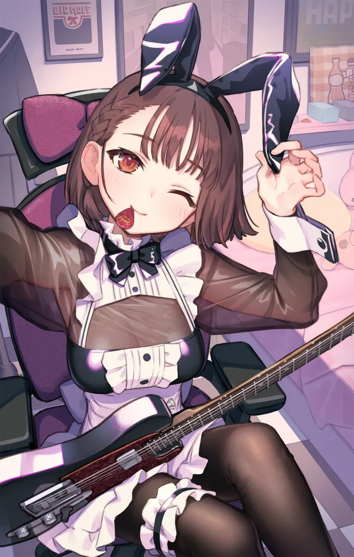 1girl,braid,medium_breasts,arm_up,instrument,breasts,crossed_legs,rabbit_ears,animal_ears,bangs,fake_animal_ears,see-through,solo,acoustic_guitar,hairband,guitar,closed_mouth,apron,sitting,maid,indoors,plectrum,brown_hair,brown_eyes,chair,head_tilt,mouth_hold,electric_guitar,looking_at_viewer,short_hair,vertical,smile,wrist_cuffs,red_eyes,blush,selfie,frills,bow,bridal_garter,dress,pantyhose,long_sleeves,one_eye_closed,bowtie,black_hairband,black_bow,black_pantyhose,black_bowtie