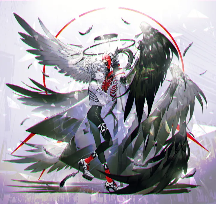 1boy,full_body,solo,multiple_wings,angel,halo,angel_wings,glitch,male_focus,white_hair,short_hair,vertical,red_eyes,feathers,feathered_wings,wings,chromatic_aberration,shirt,pants,black_hair,black_wings,black_pants