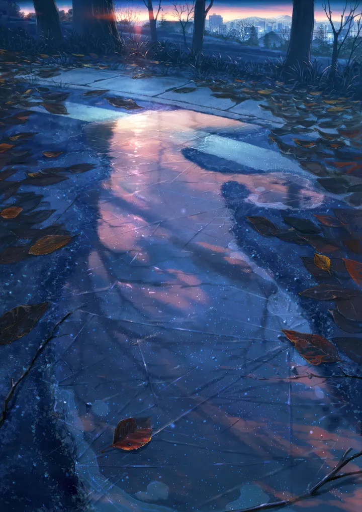 cloud,reflection,leaf,city,sky,building,outdoors,sunset,star_sky,tree,water,no_humans,autumn_leaves,vertical,road,scenery