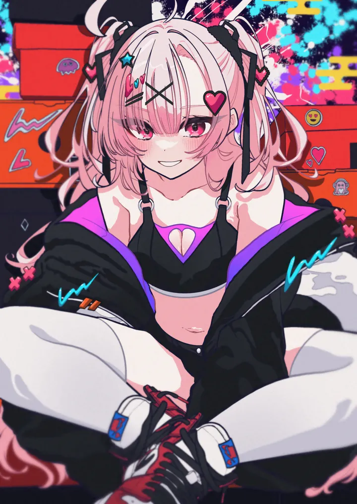 1girl,virtual_youtuber,x_hair_ornament,breasts,cleavage,bangs,solo,twintails,hairclip,ahoge,sitting,hair_ornament,jacket,two_side_up,heart,heart_hair_ornament,white_thighhighs,indian_style,looking_at_viewer,shorts,vertical,smile,pink_hair,pink_eyes,short_shorts,red_eyes,navel,blush,heart_cutout,clothing_cutout,open_jacket,open_clothes,thighhighs,sneakers,collarbone,long_hair,long_sleeves,lightning_bolt_symbol,cleavage_cutout,midriff,bare_shoulders,off_shoulder,crop_top,grin,shoes,black_jacket,black_shorts,black_footwear