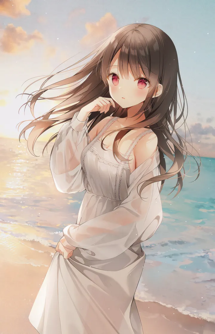 1girl,breasts,cloud,bangs,see-through,solo,horizon,sky,parted_lips,outdoors,hand_up,sleeveless,sleeveless_dress,sunset,brown_hair,water,ocean,beach,white_dress,looking_at_viewer,vertical,standing,red_eyes,blush,puffy_sleeves,puffy_long_sleeves,small_breasts,dress,collarbone,long_hair,long_sleeves,bare_shoulders,off_shoulder,floating_hair