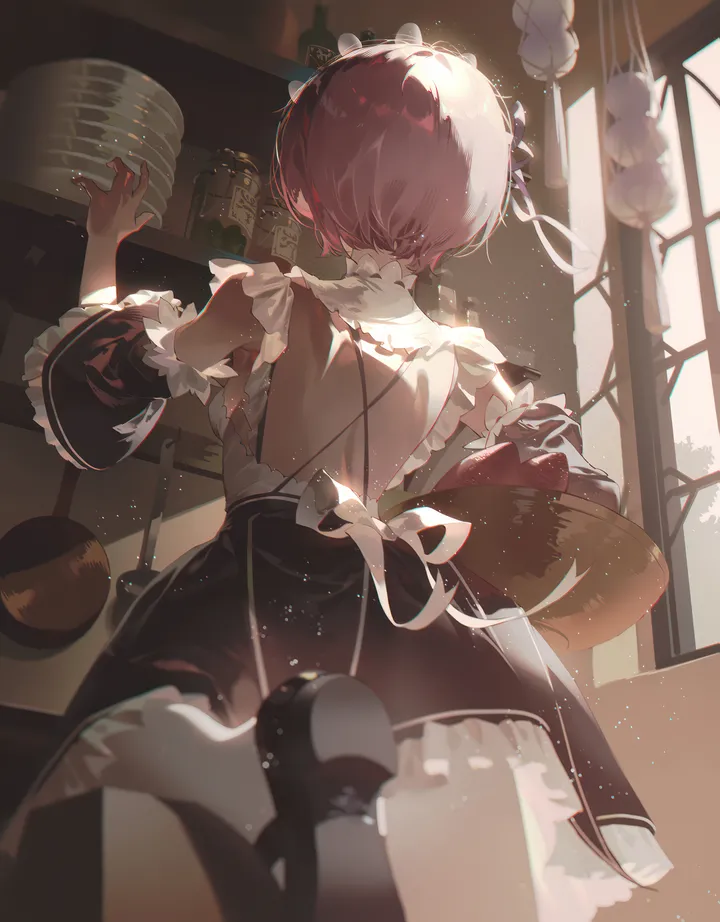 1girl,detached_sleeves,ribbon,ribbon_trim,solo,back,hair_ribbon,hair_ornament,maid,maid_headdress,indoors,wide_sleeves,holding,mary_janes,white_bow,white_thighhighs,short_hair,window,vertical,standing,basket,pink_hair,from_behind,frills,frilled_sleeves,thighhighs,dress,facing_away,shoes,black_dress,black_footwear