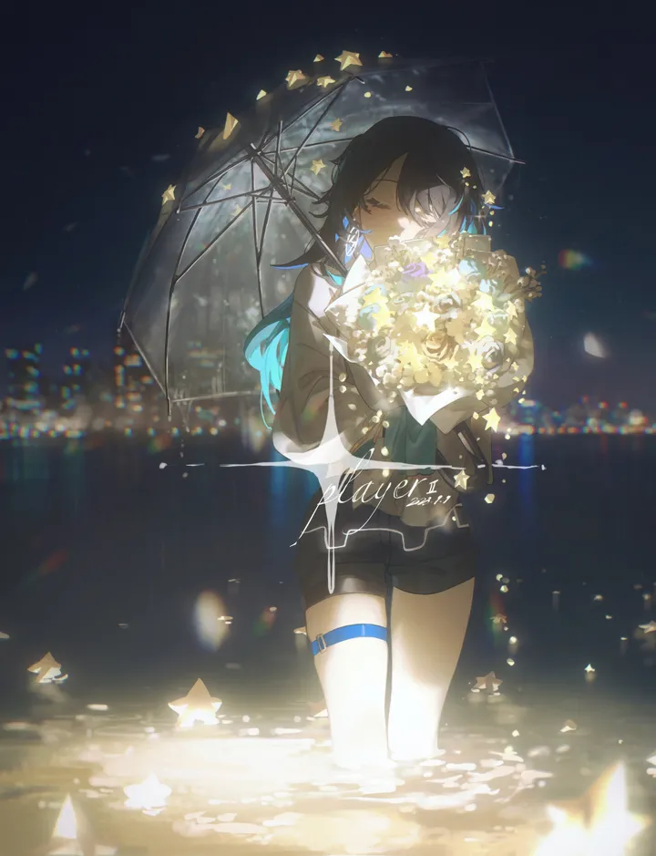 1girl,virtual_youtuber,colored_inner_hair,bangs,solo,closed_eyes,multicolored_hair,night,thigh_strap,jacket,outdoors,holding_bouquet,holding,holding_umbrella,star_symbol,water,wading,jewelry,shorts,vertical,standing,short_shorts,earrings,bouquet,blue_hair,shirt,transparent,transparent_umbrella,long_hair,long_sleeves,umbrella,flower,black_hair,black_shorts