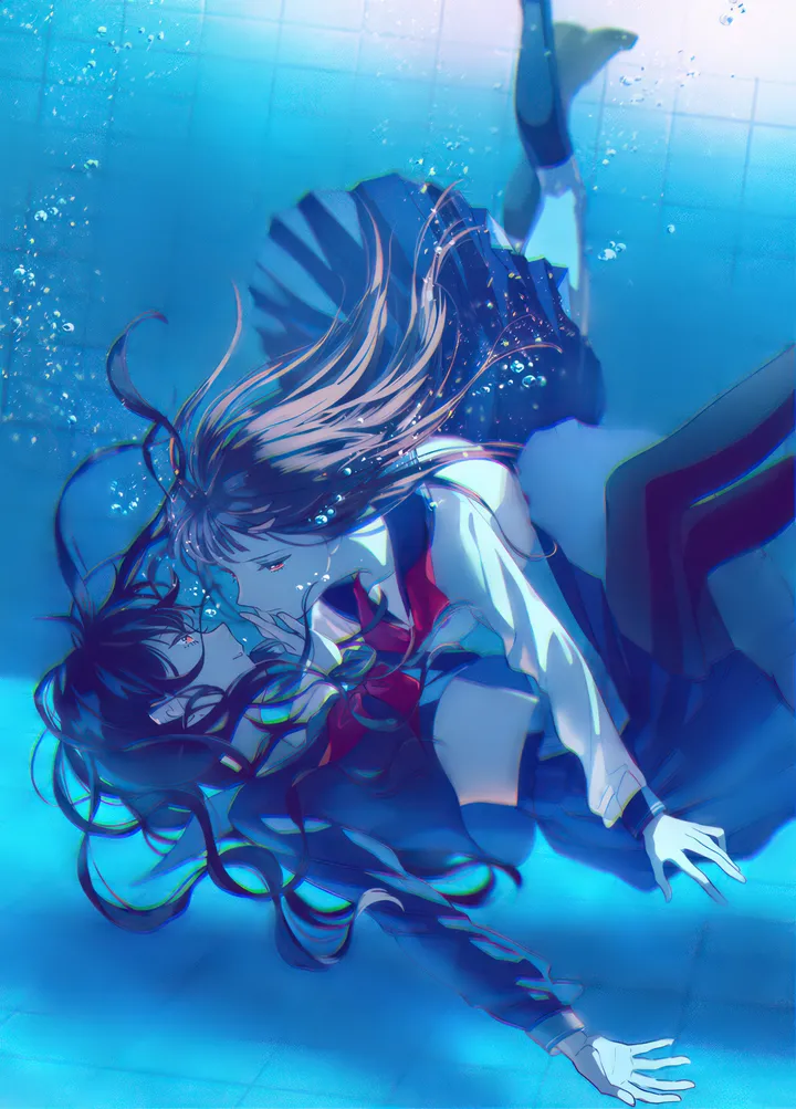 2girls,neckerchief,multiple_girls,parted_lips,school_uniform,brown_hair,air_bubble,underwater,serafuku,sailor_collar,bubble,white_shirt,yuri,pleated_skirt,looking_at_another,eye_contact,skirt,vertical,red_neckerchief,red_eyes,bra,blue_skirt,shirt,socks,pantyhose,long_hair,long_sleeves,midriff,black_hair,black_skirt