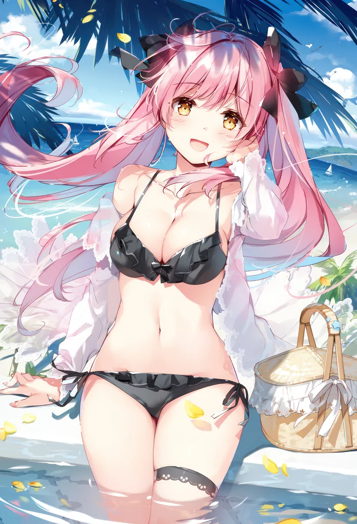 1girl,side-tie_bikini_bottom,ribbon,medium_breasts,breasts,cleavage,cloud,front-tie_top,bangs,solo,twintails,thigh_strap,sky,open_mouth,very_long_hair,outdoors,hand_up,tree,brown_eyes,bikini,water,swimsuit,ocean,wading,day,white_shirt,looking_at_viewer,vertical,standing,smile,basket,pink_hair,navel,blush,petals,frills,frilled_bikini,blue_sky,bow,hair_bow,shirt,open_clothes,open_shirt,large_breasts,collarbone,long_hair,long_sleeves,bare_shoulders,off_shoulder,floating_hair,yellow_eyes,black_bikini,black_bow