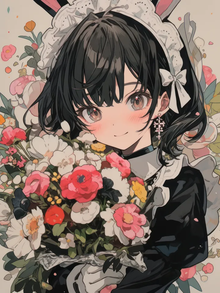 1girl,upper_body,rabbit_ears,animal_ears,bangs,fake_animal_ears,solo,closed_mouth,maid,maid_headdress,gloves,holding_bouquet,holding,juliet_sleeves,simple_background,brown_eyes,jewelry,white_gloves,white_flower,white_bow,looking_at_viewer,short_hair,vertical,smile,pink_flower,red_flower,earrings,blush,bouquet,frills,puffy_sleeves,bow,hair_bow,dress,tulip,long_sleeves,flower,black_hair,black_dress