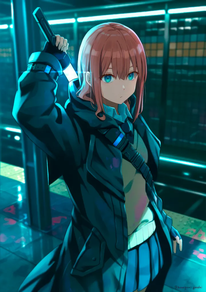 1girl,cowboy_shot,arm_up,bangs,sword,solo,closed_mouth,coat,night,sidelocks,jacket,hair_between_eyes,outdoors,gloves,holding_sword,holding_weapon,holding,open_coat,fingerless_gloves,collared_shirt,school_uniform,brown_hair,weapon,sweater,sweater_vest,white_shirt,pleated_skirt,looking_at_viewer,skirt,vertical,standing,blue_eyes,blue_skirt,shirt,open_clothes,long_hair,long_sleeves,necktie,black_coat,black_gloves