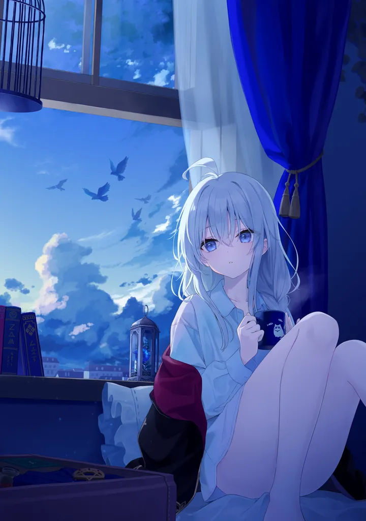 1girl,book,cloud,bangs,solo,ahoge,on_bed,sitting,cloudy_sky,sky,jacket,indoors,hair_between_eyes,parted_lips,holding_cup,knees_up,holding,collared_shirt,cup,pillow,day,white_hair,white_shirt,looking_at_viewer,window,curtains,vertical,blue_sky,blue_eyes,shirt,bare_legs,barefoot,dress_shirt,open_clothes,collarbone,long_hair,long_sleeves,off_shoulder,mug,bird