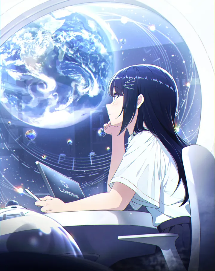 1girl,from_side,profile,bangs,solo,hairclip,closed_mouth,earth_planet,sitting,hair_ornament,space,indoors,holding_stylus,head_rest,holding,holding_pen,stylus,school_uniform,chair,white_shirt,pleated_skirt,short_sleeves,skirt,vertical,pen,planet,shirt,long_hair,musical_note,black_hair,black_skirt