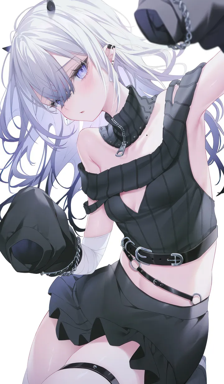 1girl,cowboy_shot,arm_up,breasts,cleavage,bangs,solo,thigh_strap,hair_between_eyes,parted_lips,sleeveless,simple_background,sweater,jewelry,white_hair,white_background,belt,looking_at_viewer,skirt,piercing,ear_piercing,vertical,bandaged_leg,bandages,bandaged_arm,earrings,blush,armpits,blue_eyes,shirt,sleeves_past_fingers,sleeves_past_wrists,clothing_cutout,horns,small_breasts,miniskirt,chain,long_hair,long_sleeves,cleavage_cutout,midriff,bare_shoulders,off_shoulder,crop_top,collar,black_skirt,black_belt,black_shirt